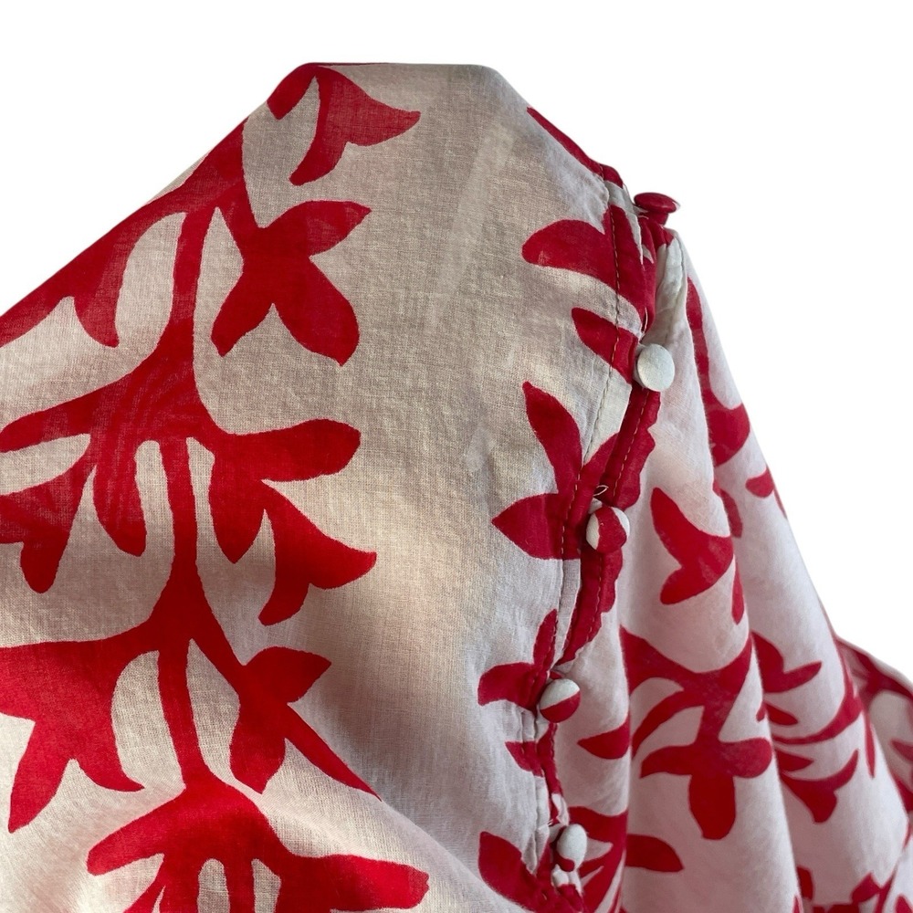 Mango MNG Red Floral Cotton Blouse Coastal Puff Sleeve Top Size 4 - Picture 9 of 10